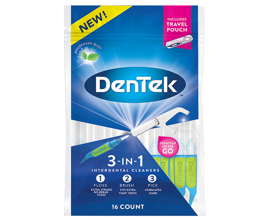 Акция! DenTek Межзубные очистители 3 в 1, с улучшенным фторидным покрытием, 16 шт.